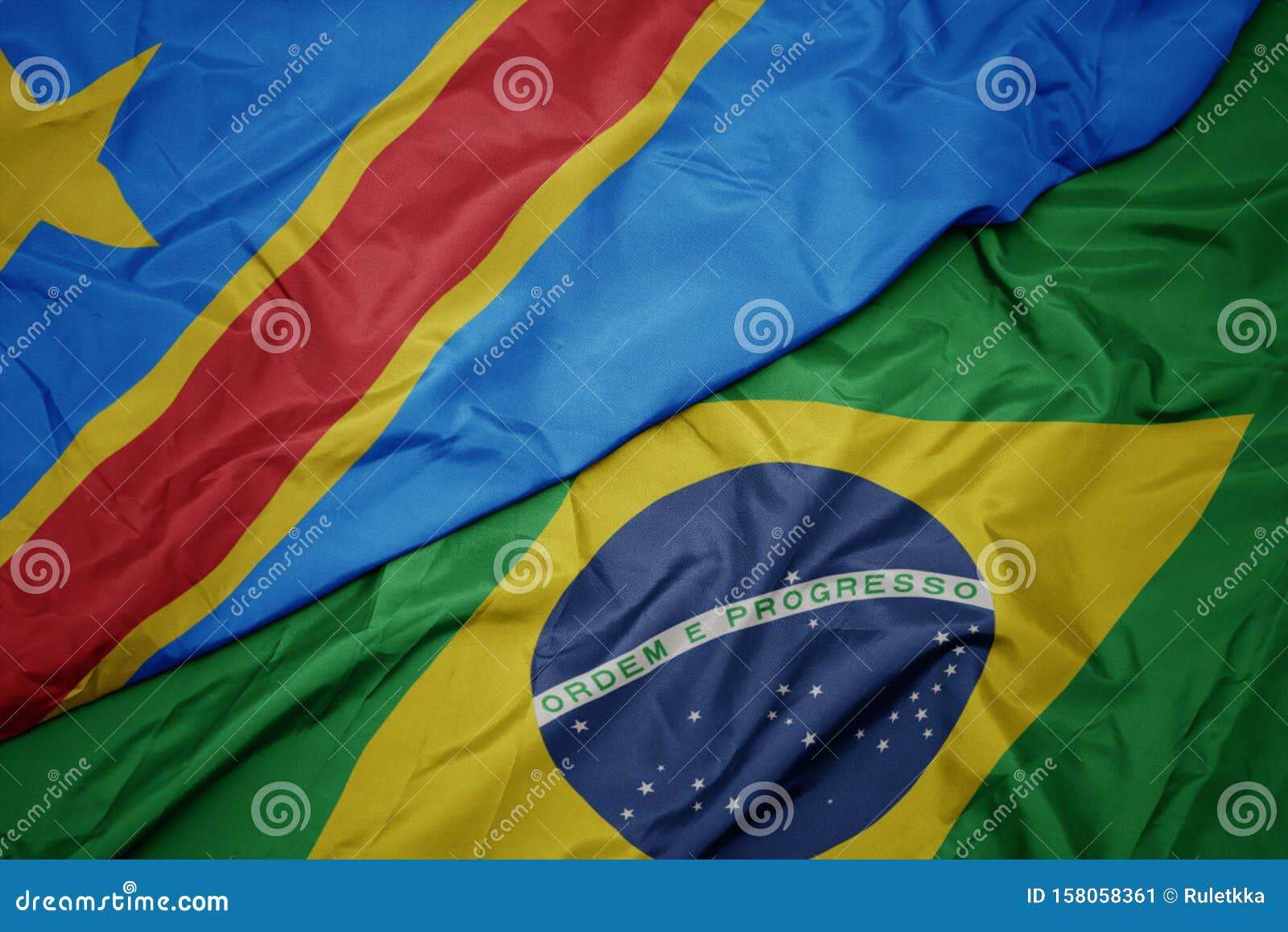 waving colorful flag of brazil and national flag of democratic republic of the congo
