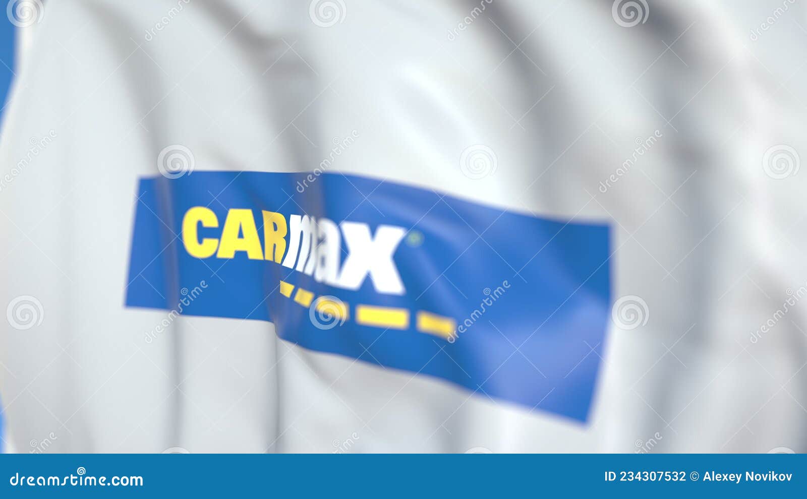 Flying Flag with Carmax Logo, Closeup. Editorial 3D Rendering