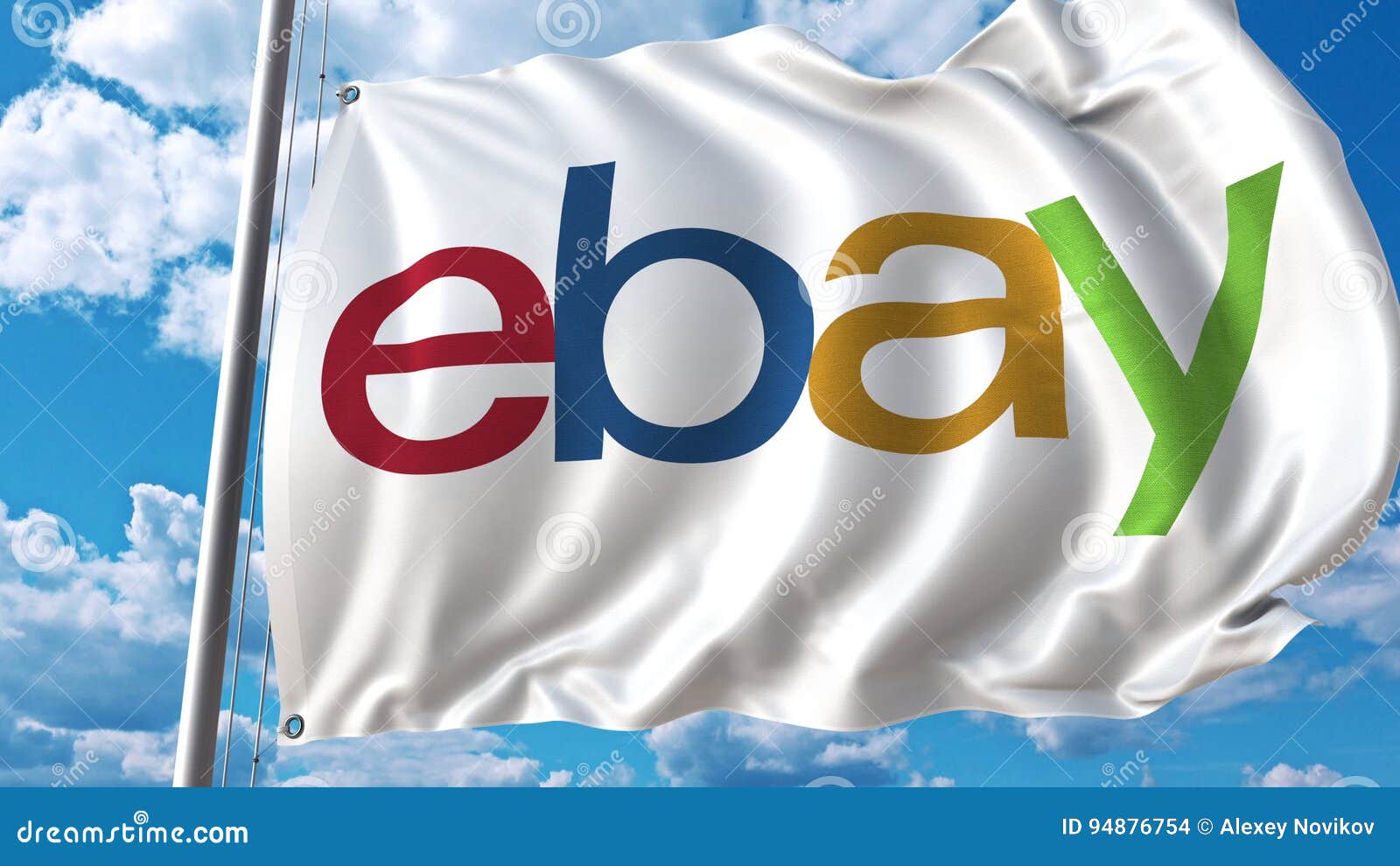 Waving Flag with Ebay Logo Against Sky and Clouds. Editorial 3D