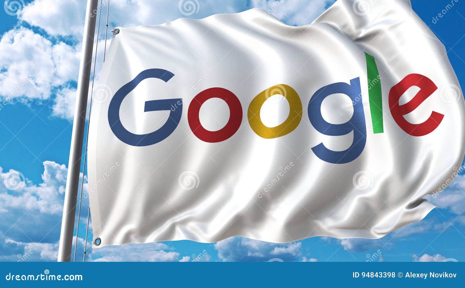 Waving Flag with Google Logo Against Sky and Clouds. Editorial 3D
