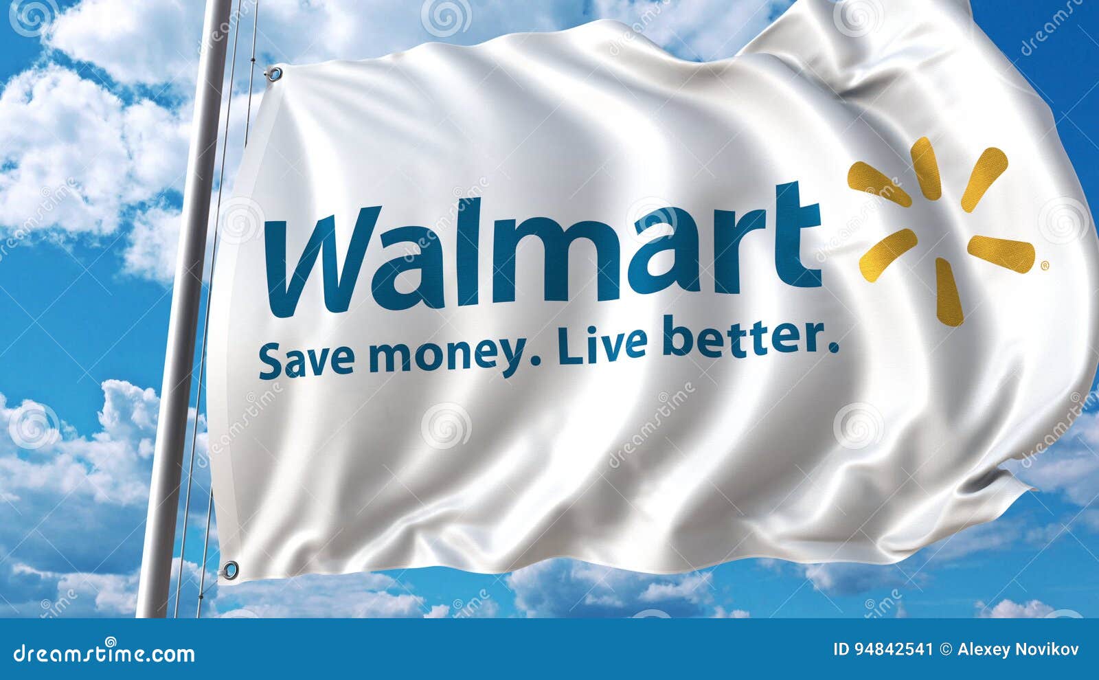 Waving Flag with Walmart Logo Against Sky and Clouds. Editorial 3D
