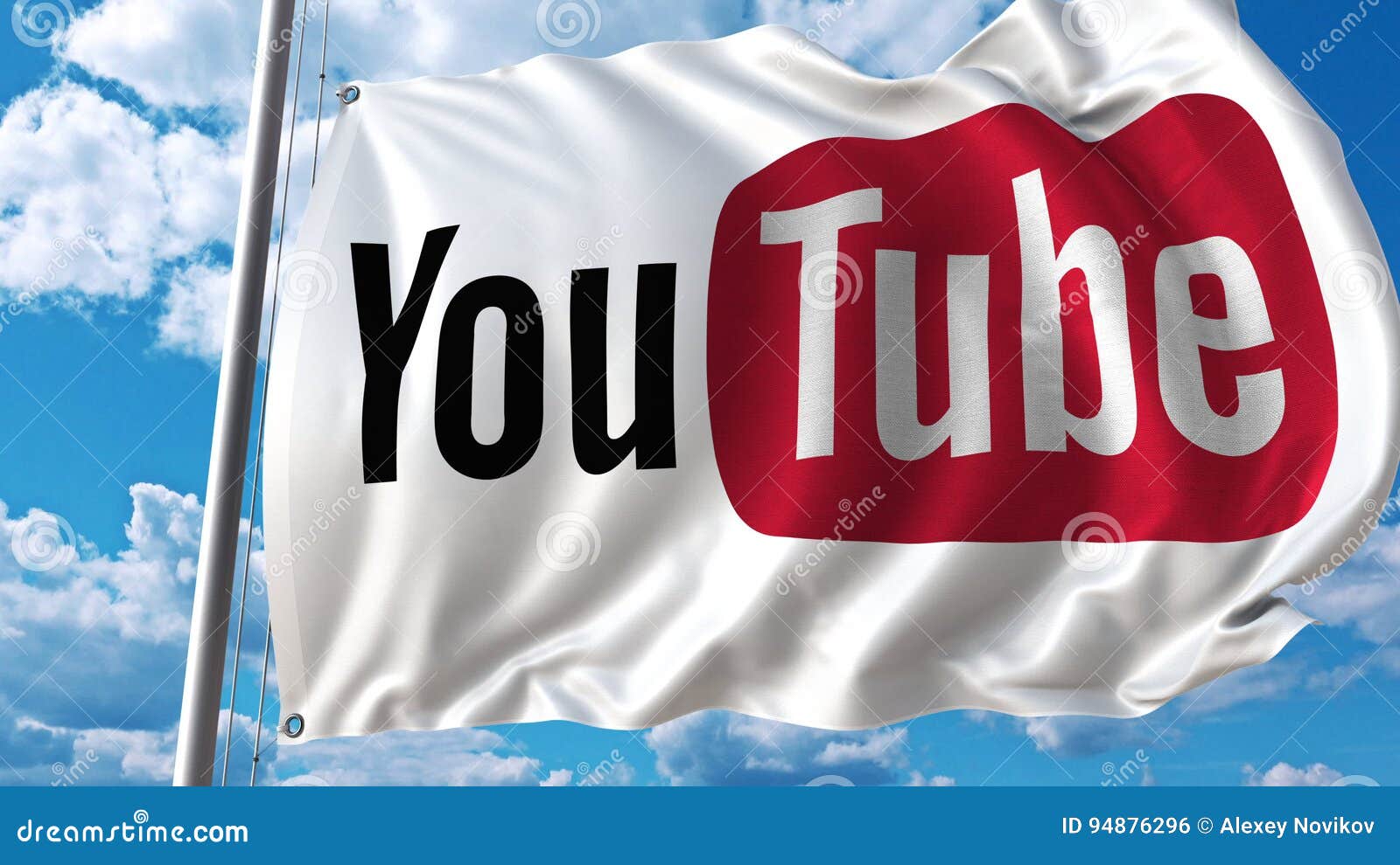 Waving Flag with Youtube Logo Against Sky and Clouds. Editorial 3D