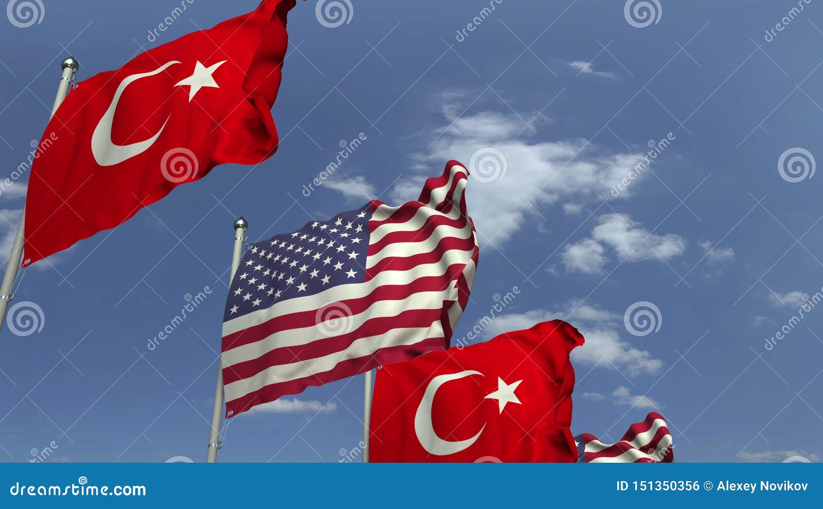 Waving Flags of Turkey and the USA, 3D Rendering Stock Illustration