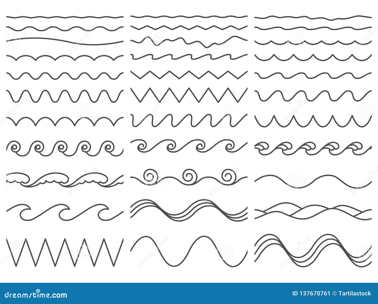 wavy lines. wiggly border, curved sea wave and seamless billowing ocean waves   set
