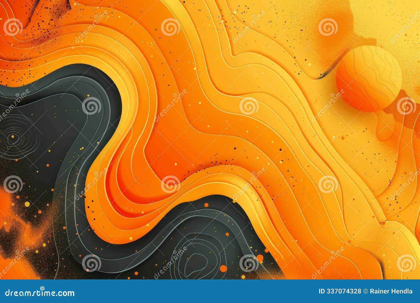 wavy orange topographic lines with black shadowing and speckles