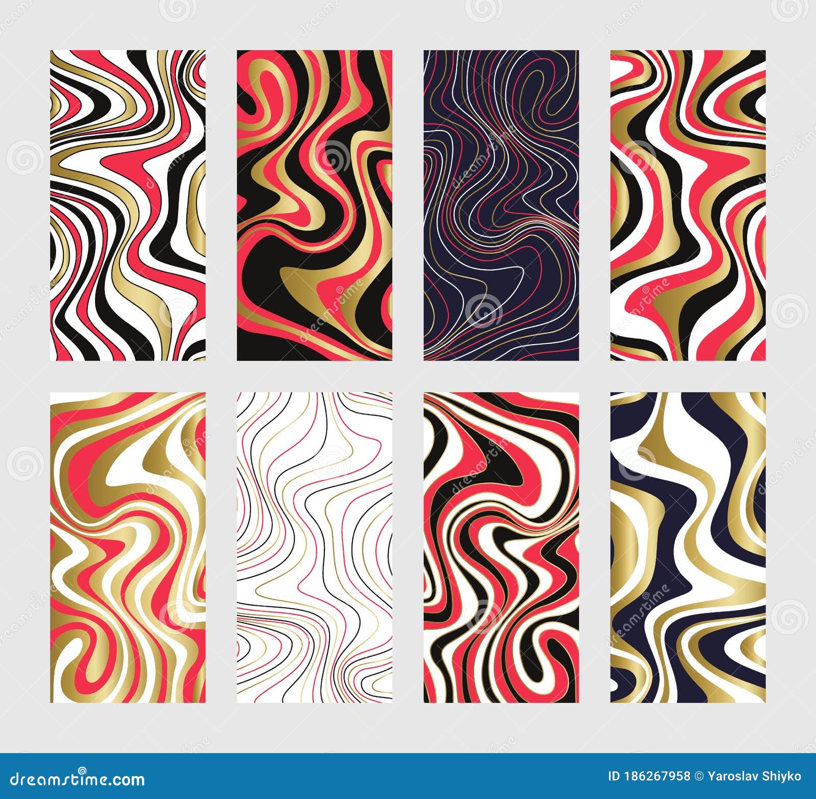 wavy psychedelic backgrounds with golden gradient. abstract ripple patterns for wed  or print. good for cards