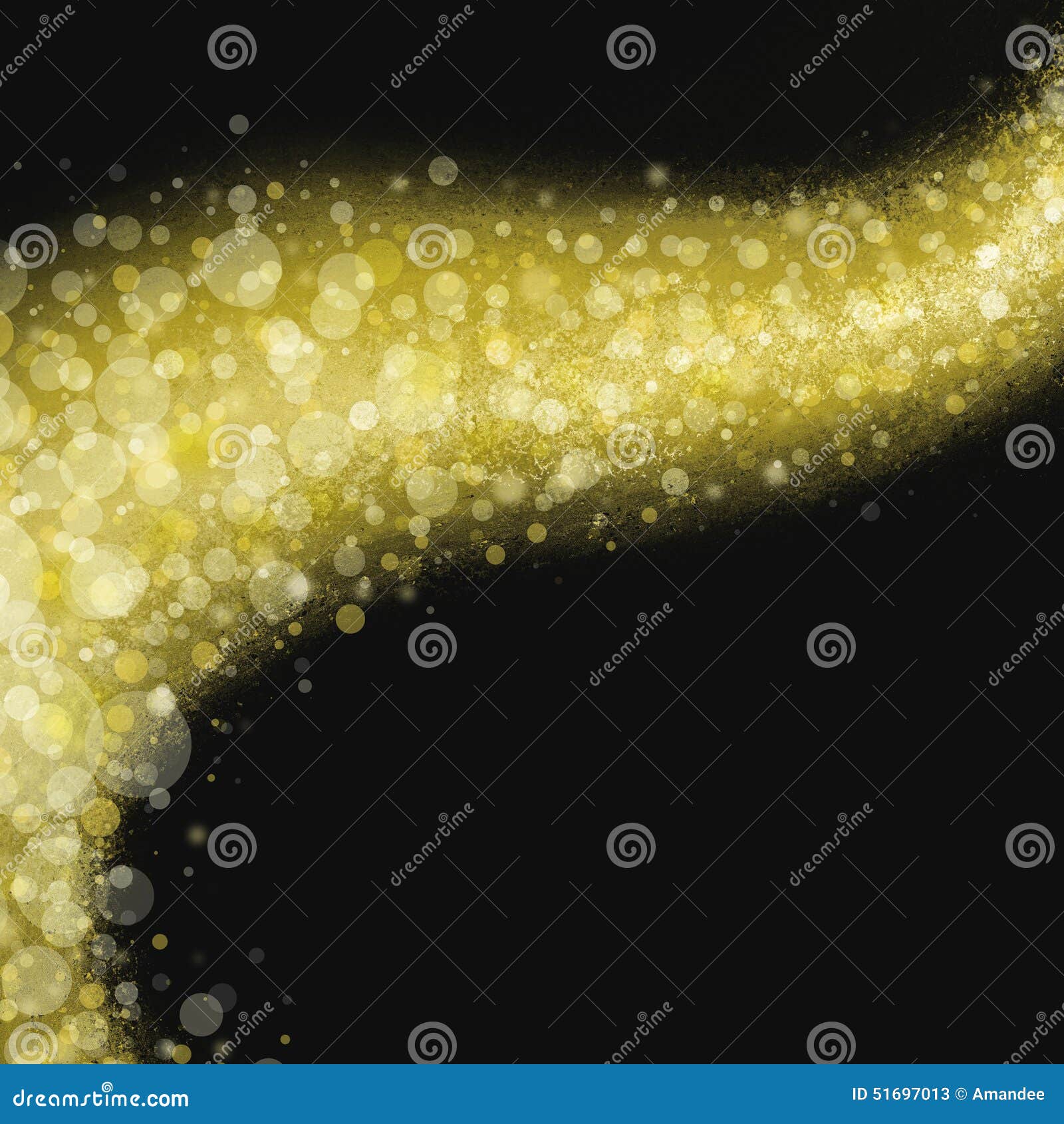 wavy streak of gold light with gold white and yellow round circles or bubbles on black background