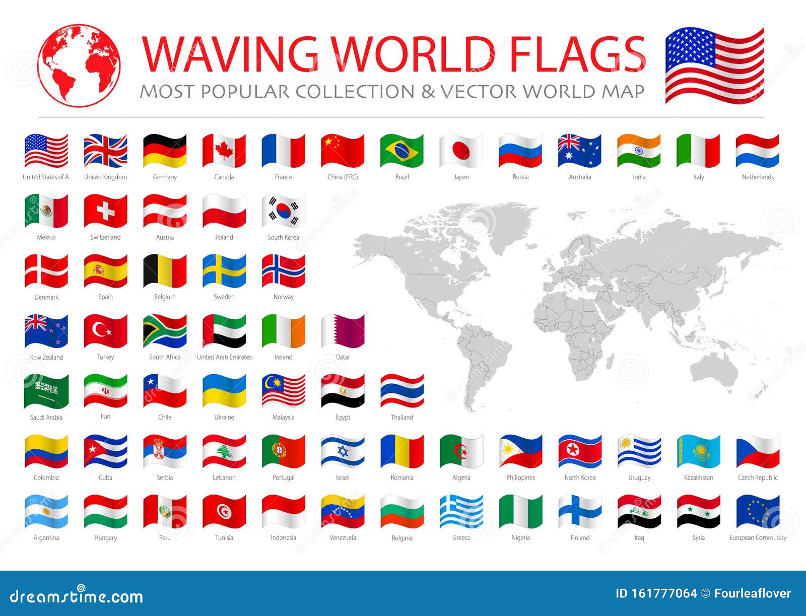 wavy worldwide national flags set