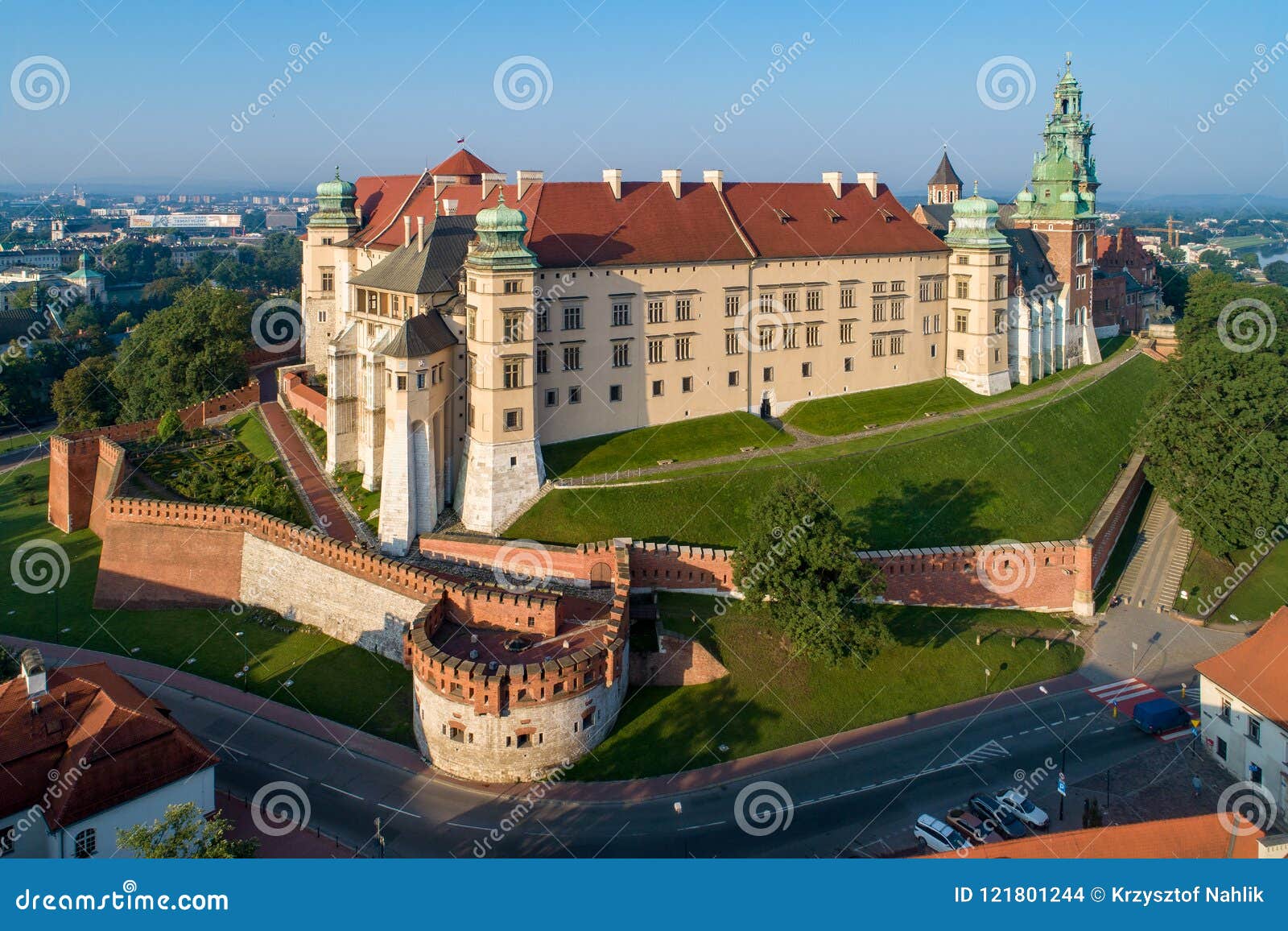 wawel castle and cathedral in krakow, poland. aerial view at sun