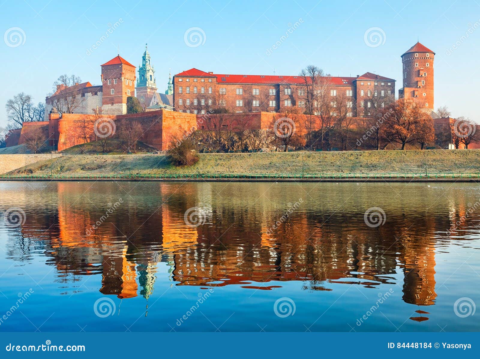 wawel castle at wisla river banks in krakow old town poland