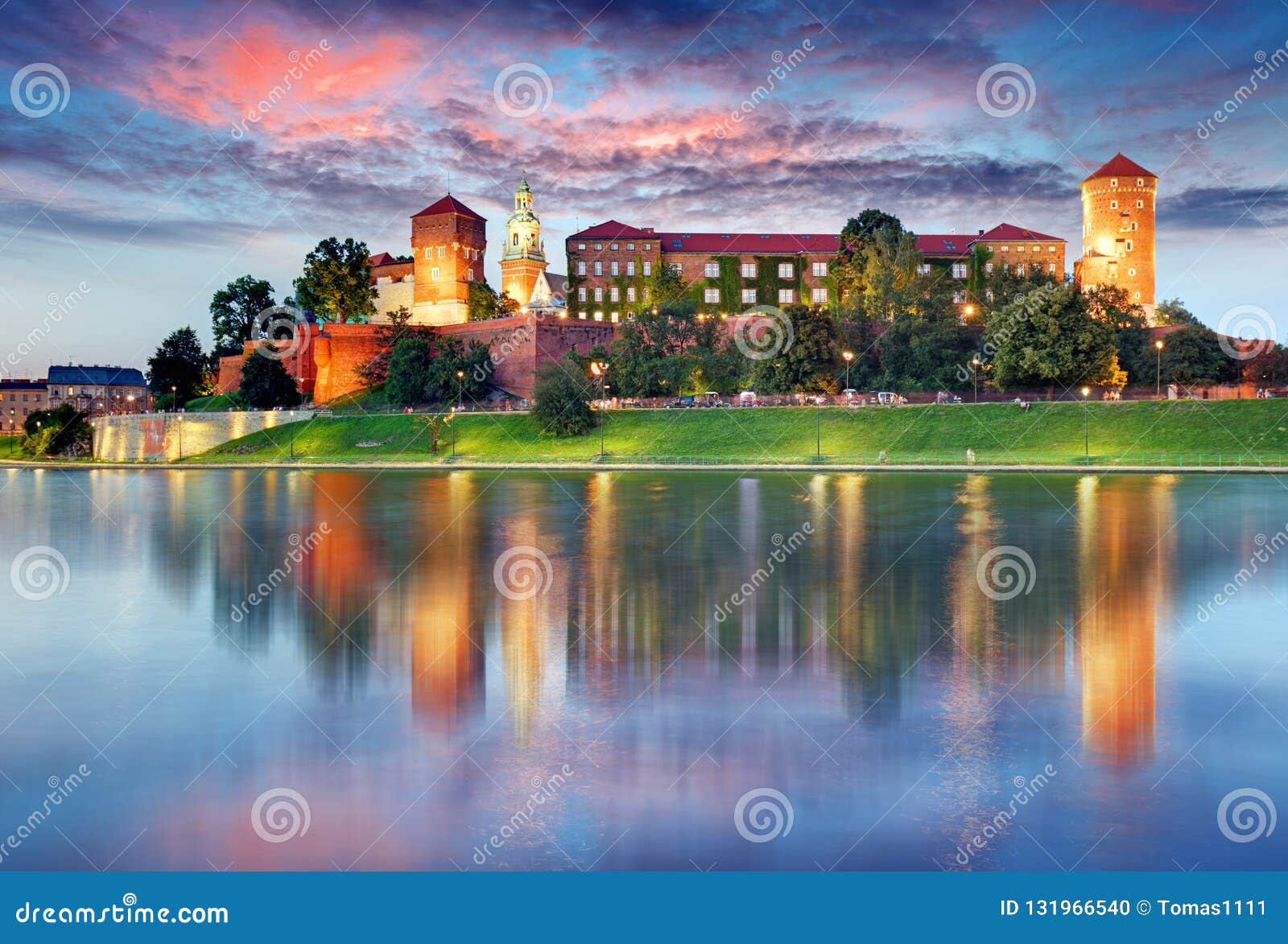 wawel hill with castle in krakow at night, poland