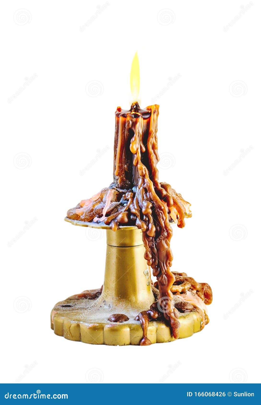 Wax Candle in the Dust with Cheap Plastic Candle Holder Isolated on