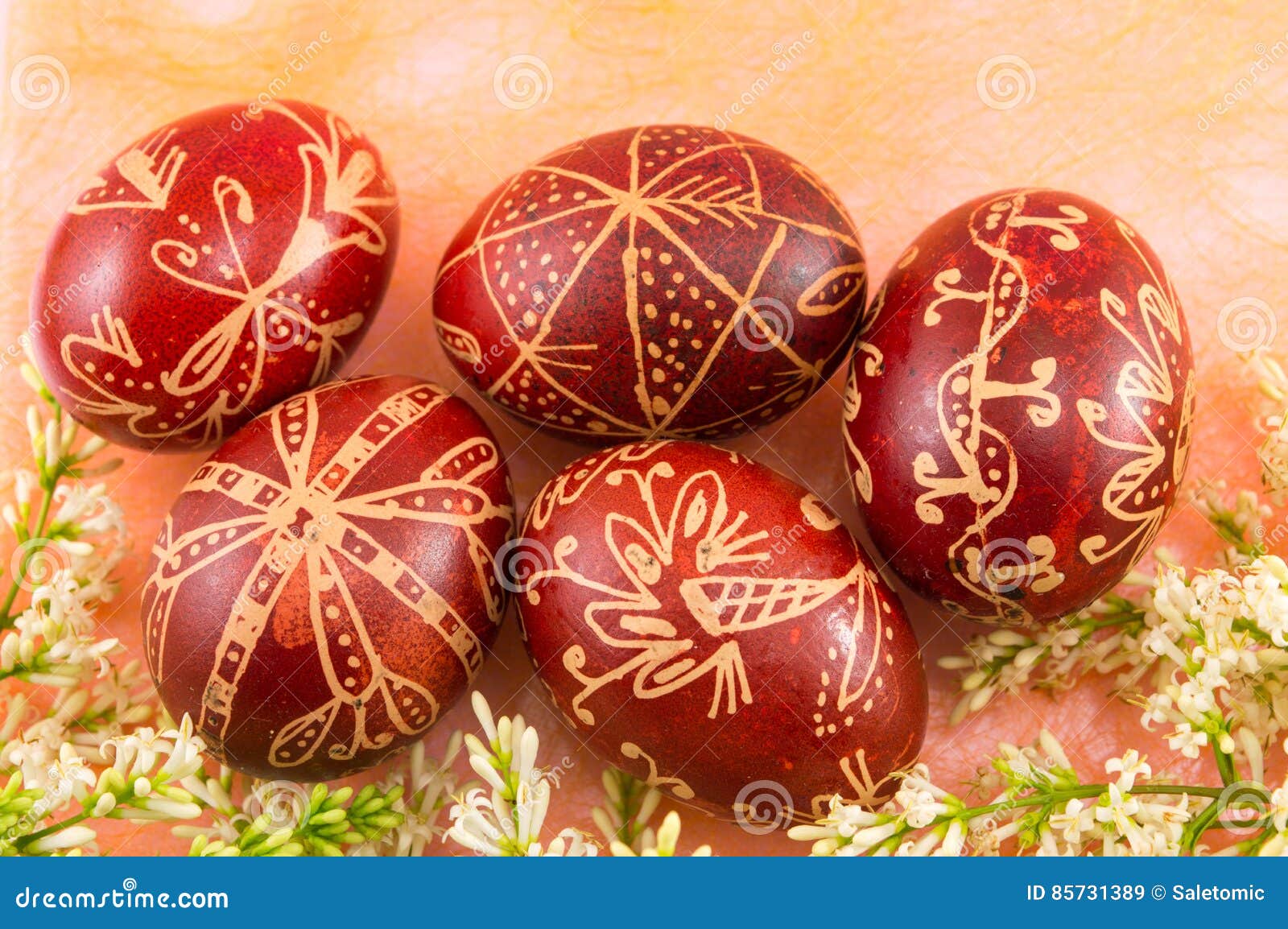 Wax Colored Easter Eggs and White Flowers Stock Image Image of gift