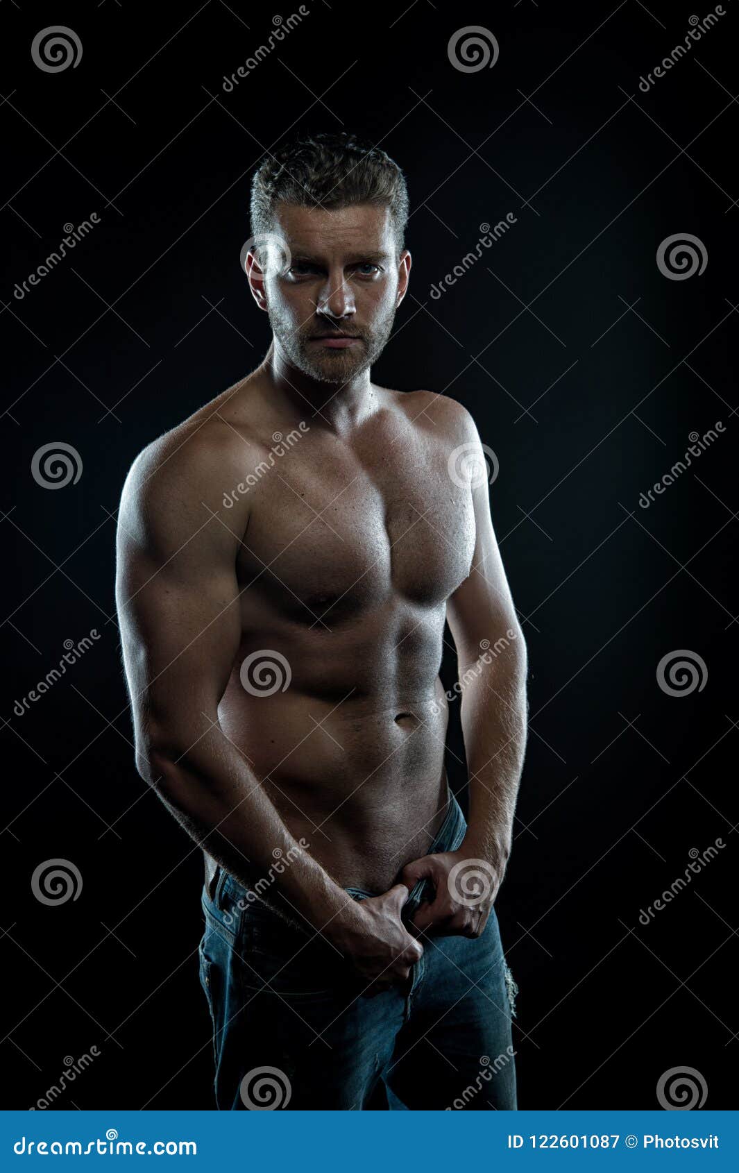 On the Way To Great Shape. Man Muscular Torso Tense Muscles Holds Denim  Pants Stock Image - Image of great, nude: 122601087