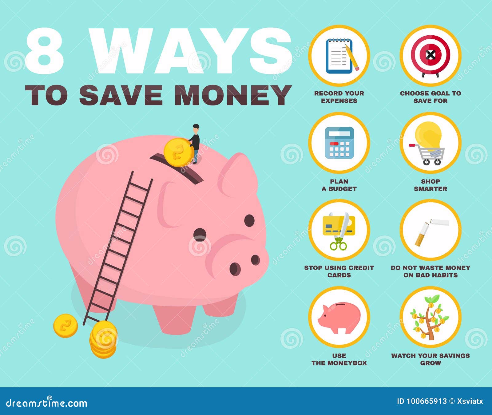 20 Way To Save Money Infographic. Pig Stock Vector - Illustration