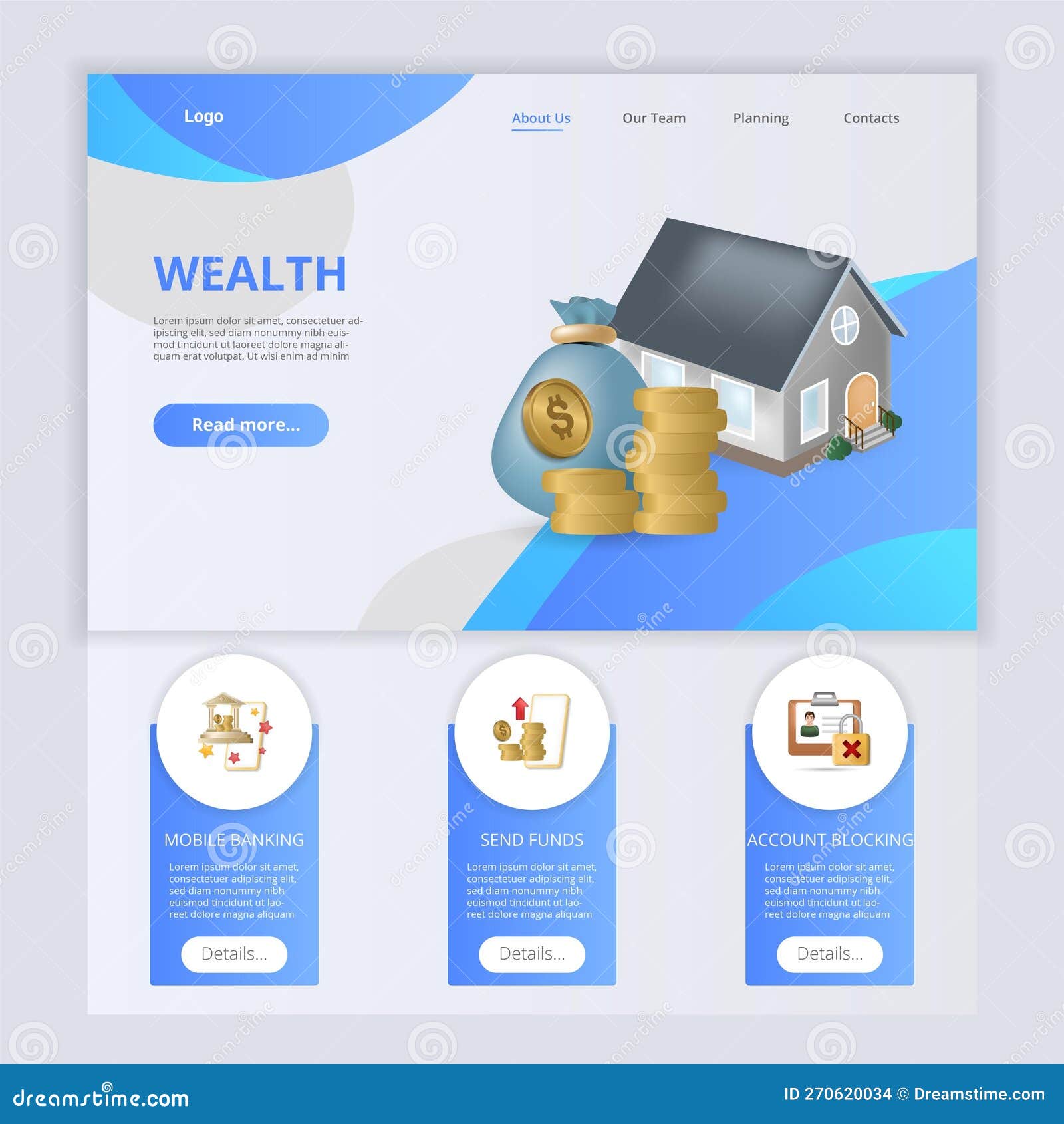 Wealth Flat Landing Page Website Template. Mobile Banking, Save Funds
