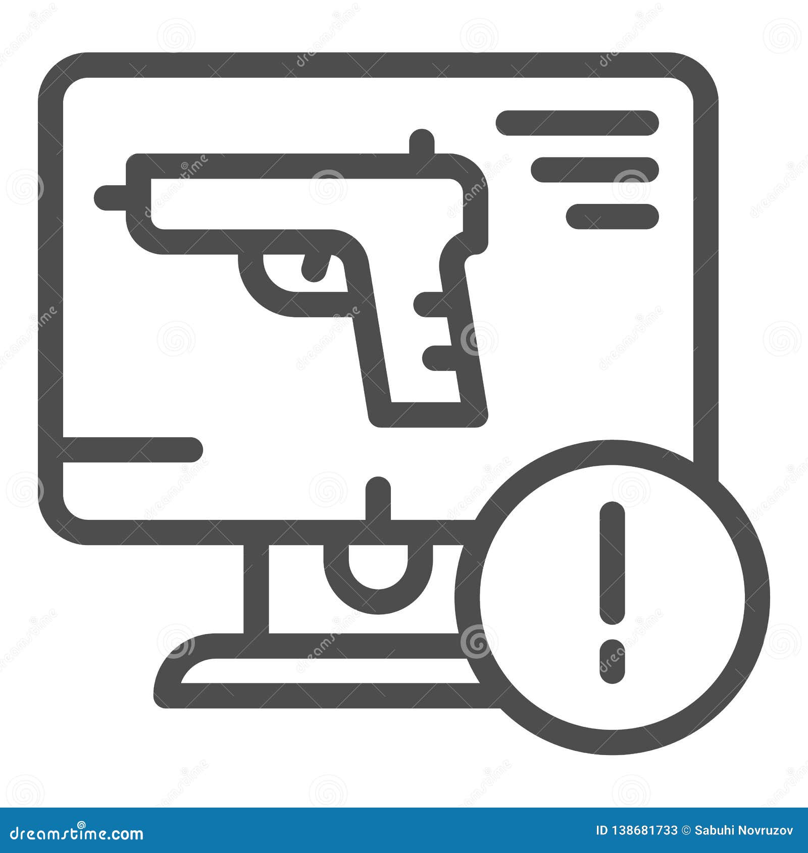weapon on computer line icon. computer attack    on white. gun on desktop outline style 