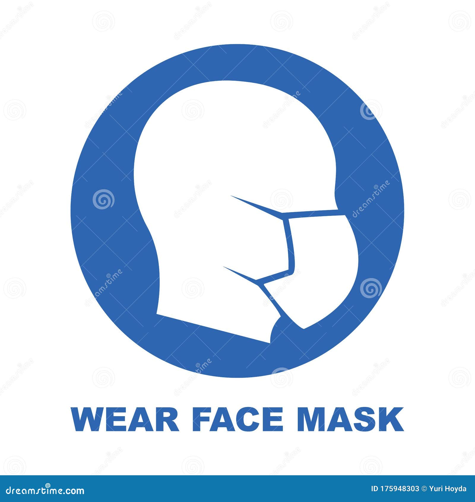 wear face mask blue sign. silhouette of head with medical mask on face in red circle.  .