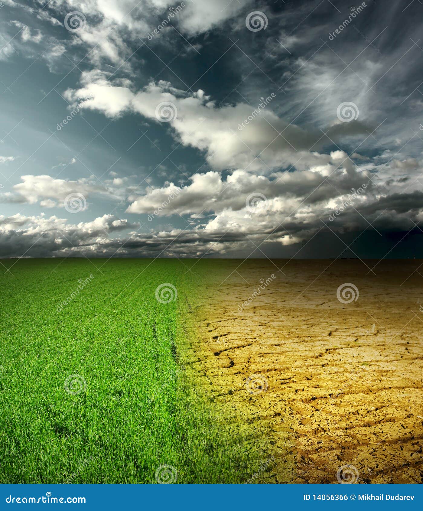 Weather. Green meadow and cracked desert land under storm clouds