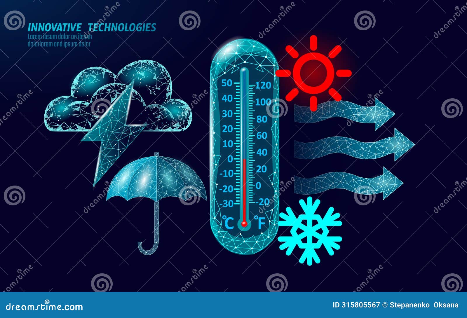 weather 3d s. mobile app forecasting banner ui with rain sun umbrella termometer wind s. low poly dark