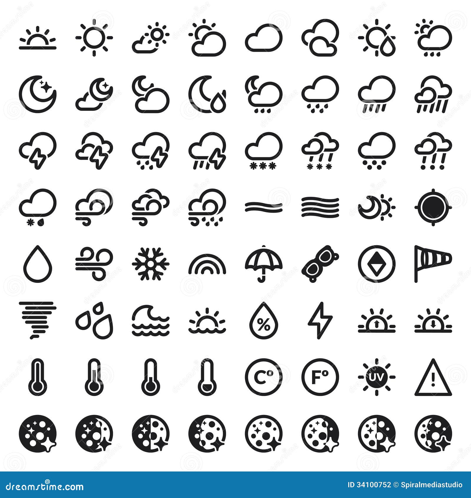 The Weather Flat Icons. Black Stock Vector Illustration of rainbow, stormy 34100752