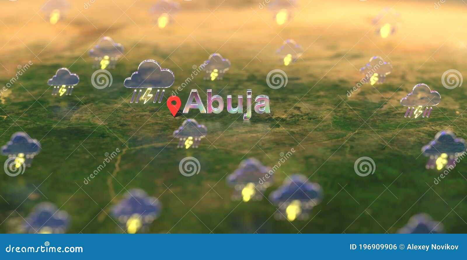 Abuja City and Stormy Weather Icon on the Map, Weather Forecast Related