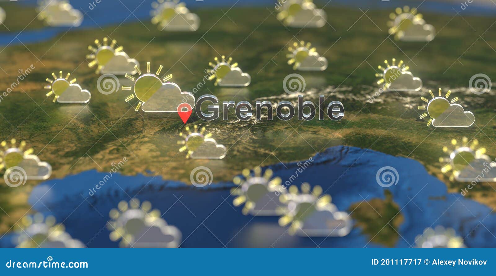 Grenoble City And Partly Cloudy Weather Icon On The Map Weather Forecast Related 3d Rendering Stock Illustration Illustration Of Meteorology Icon