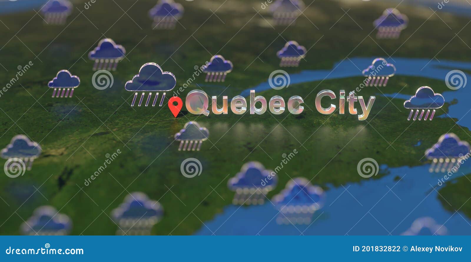 Rainy Weather Icons Near Quebec City on the Map, Weather Forecast