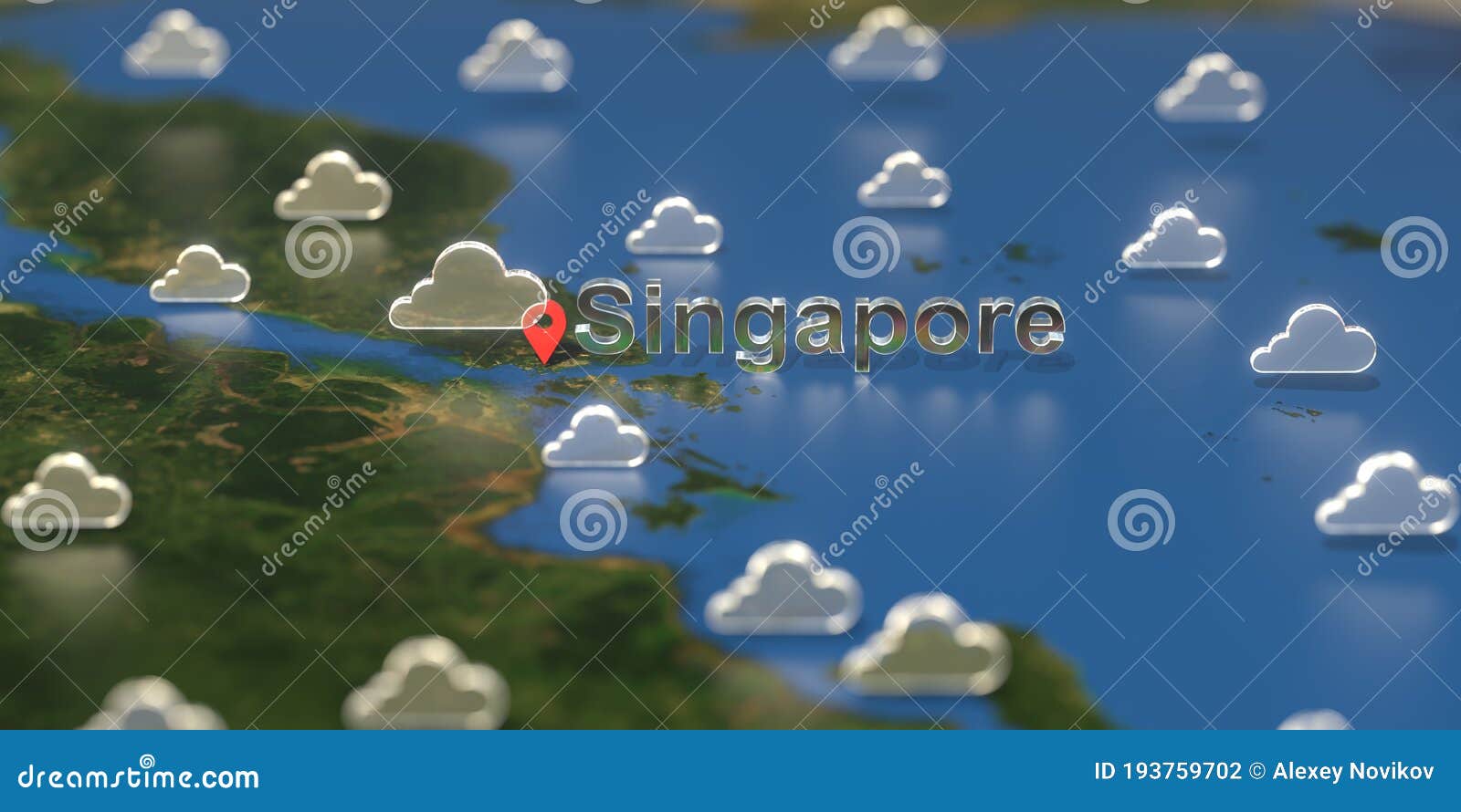 Singapore City and Cloudy Weather Icon on the Map, Weather Forecast Related 3D Rendering Stock