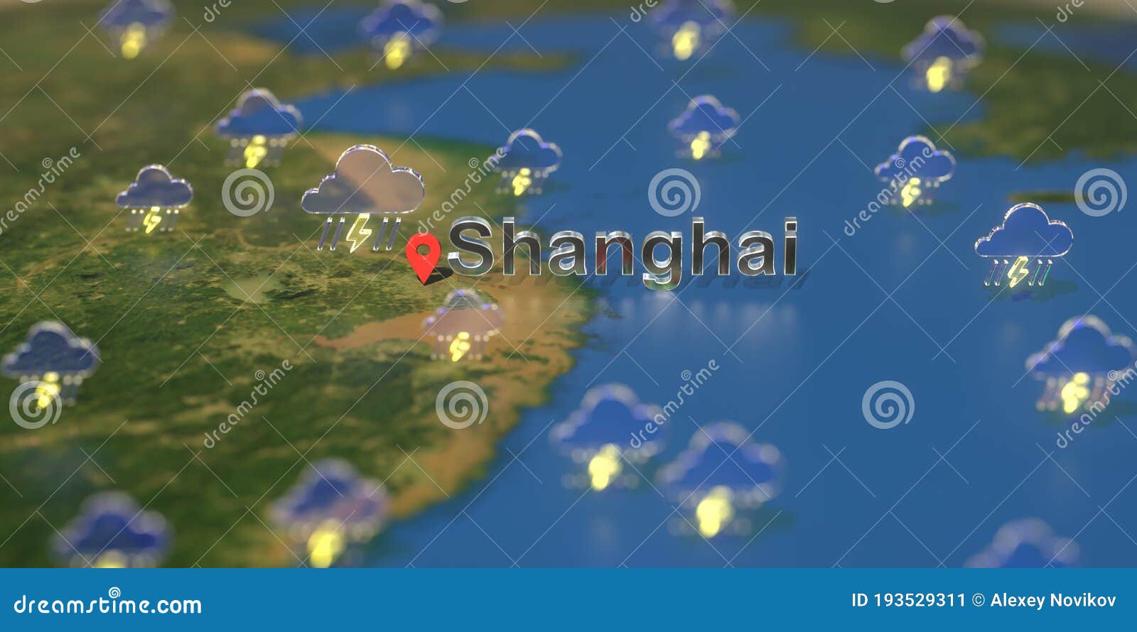 Stormy Weather Icons Near Shanghai City on the Map, Weather Forecast