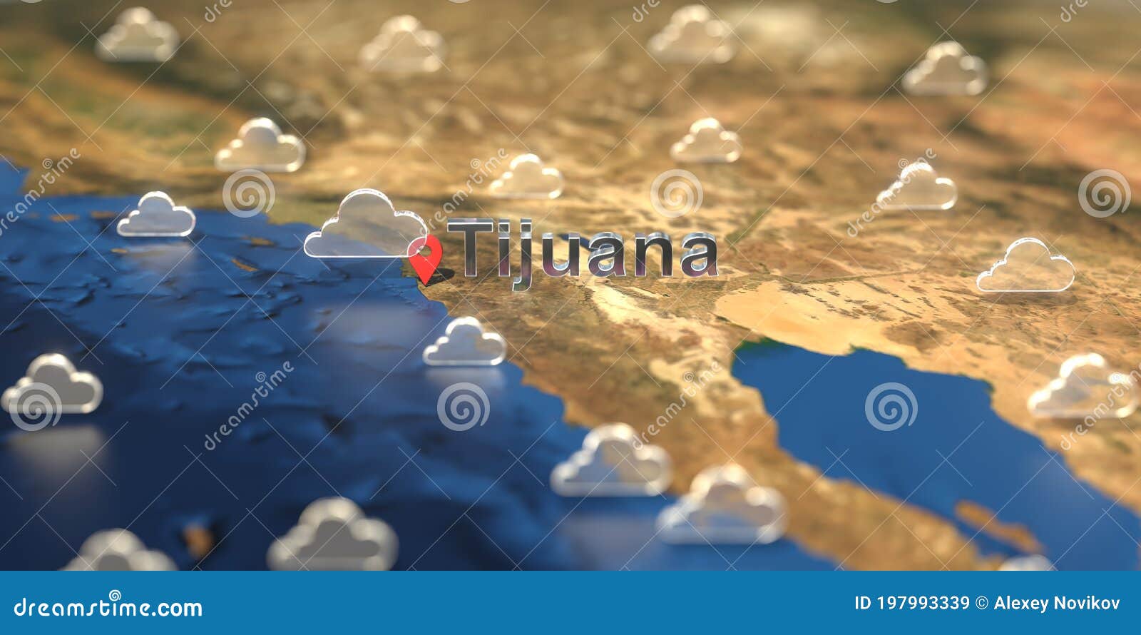 Tijuana City and Cloudy Weather Icon on the Map, Weather Forecast