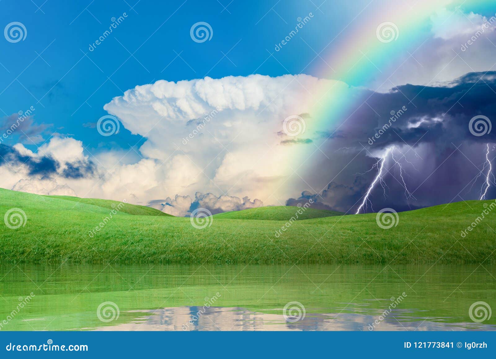 weather forecast concept with colorful rainbow and lightnings