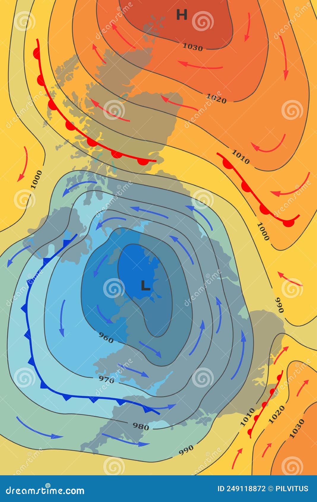 weather forecast map of great britain. movement of cold front to uk. meteorological forecast. template of synoptic map
