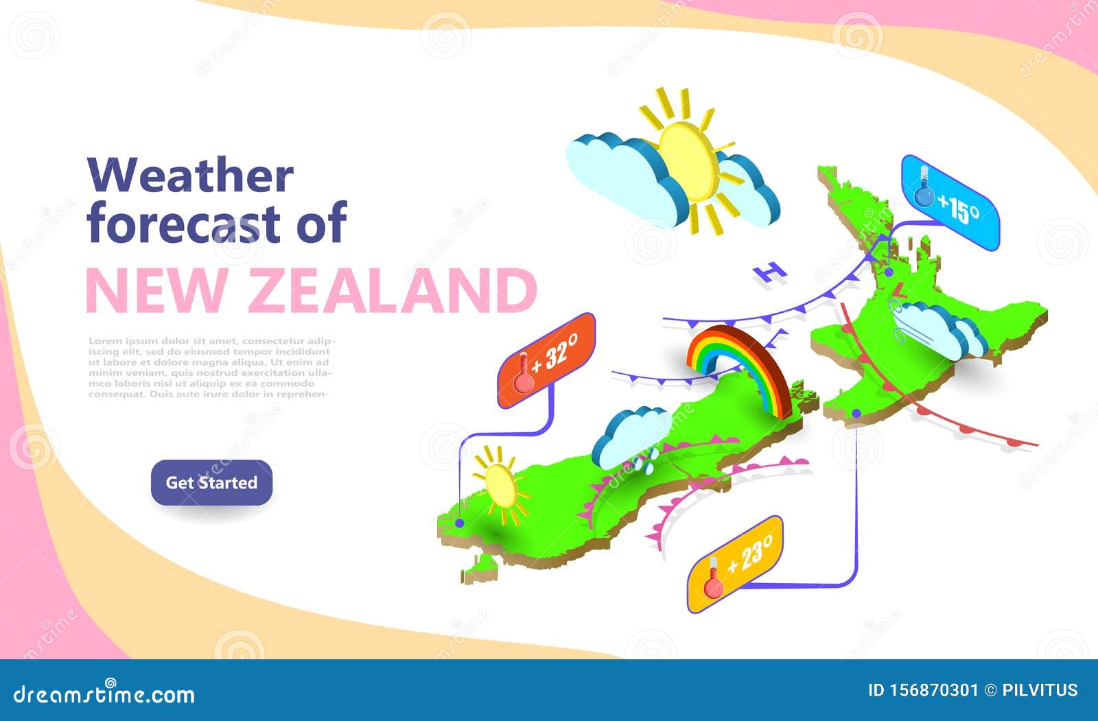 Weather Forecast Map of NEW ZEALAND. Isometric Set Icons Location on Country Stock Vector