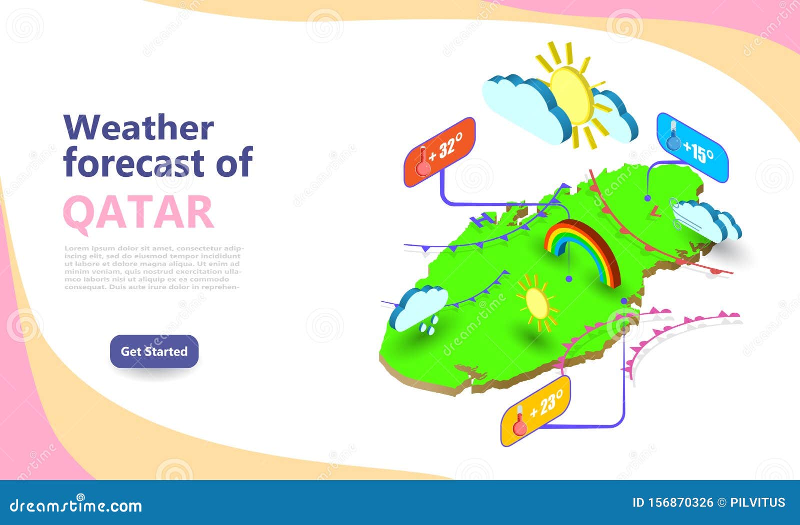 weather forecast map of qatar. isometric set icons location on country.  widgets layout of a meteorological