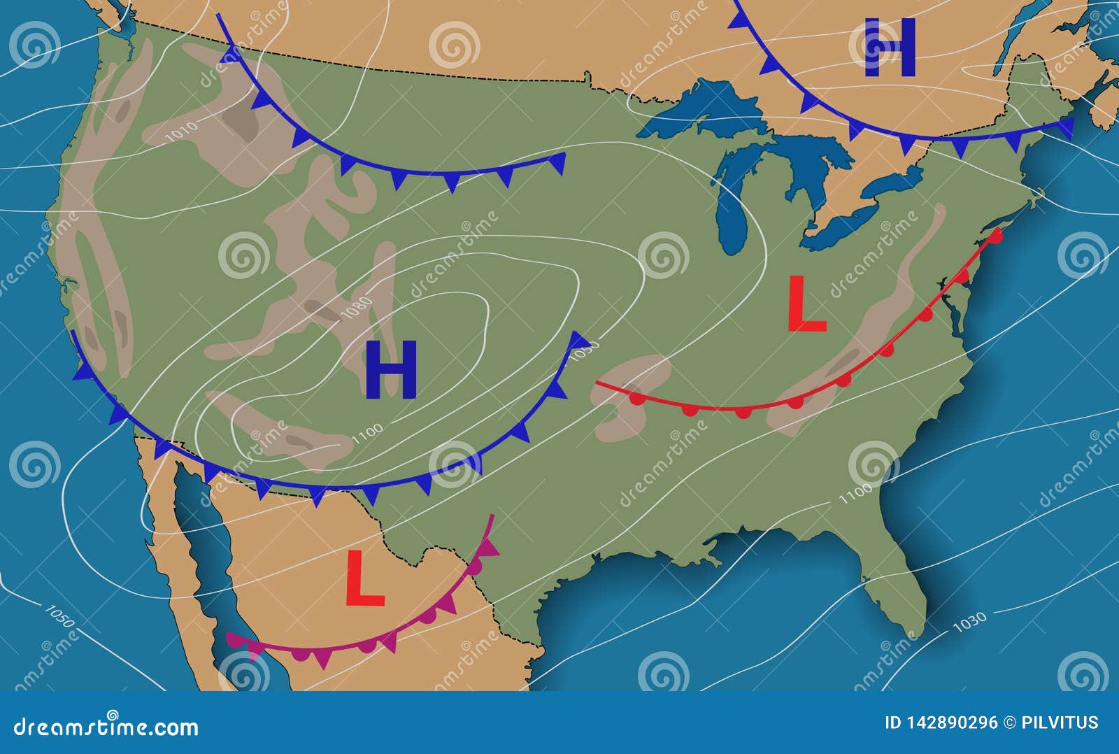 weather forecast. meteorological weather map of the united state of america. realistic synoptic map usa with aditable generic map