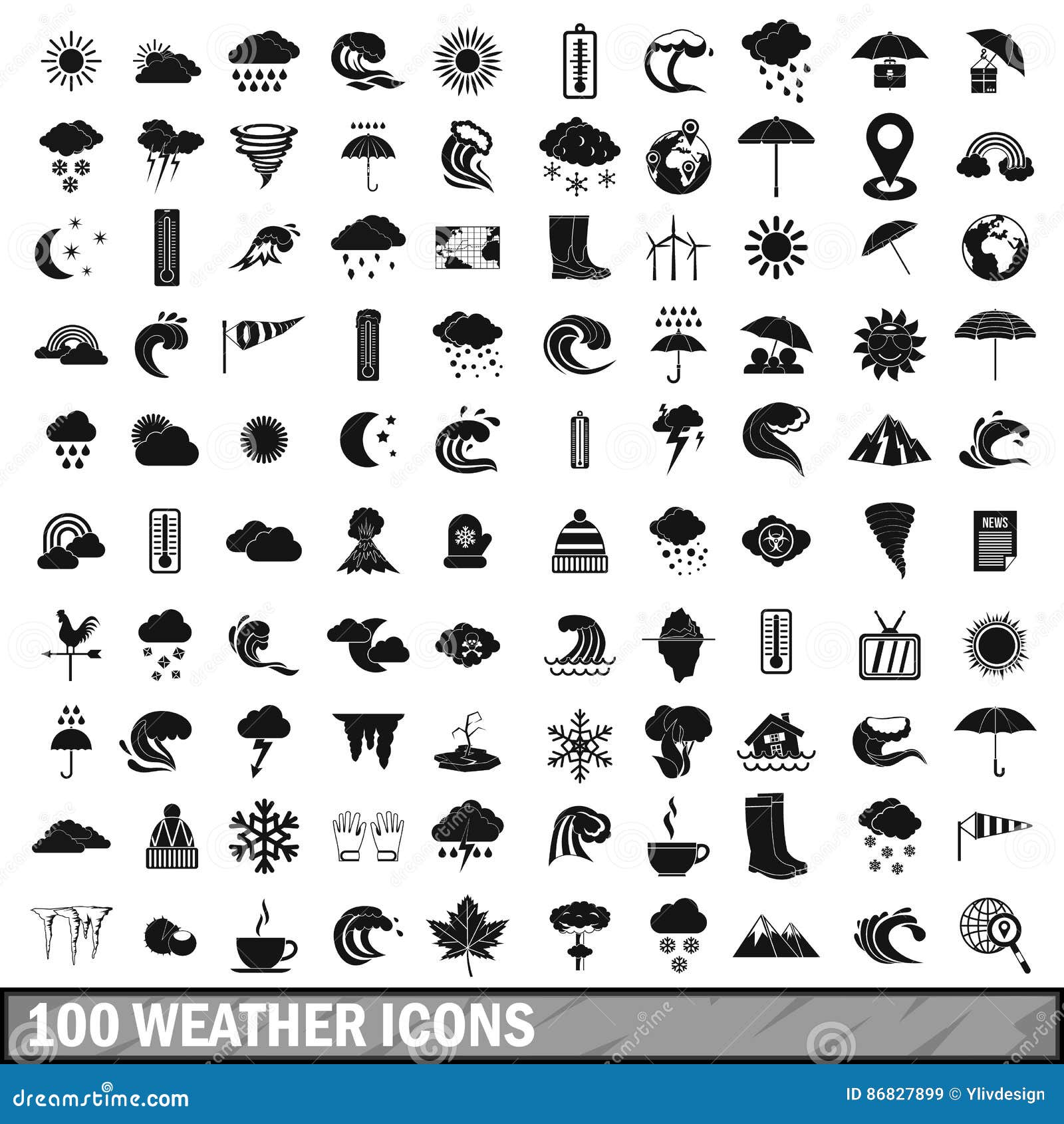 100 Weather Icons Set in Simple Style Stock Vector Illustration of lightning, rainbow 86827899