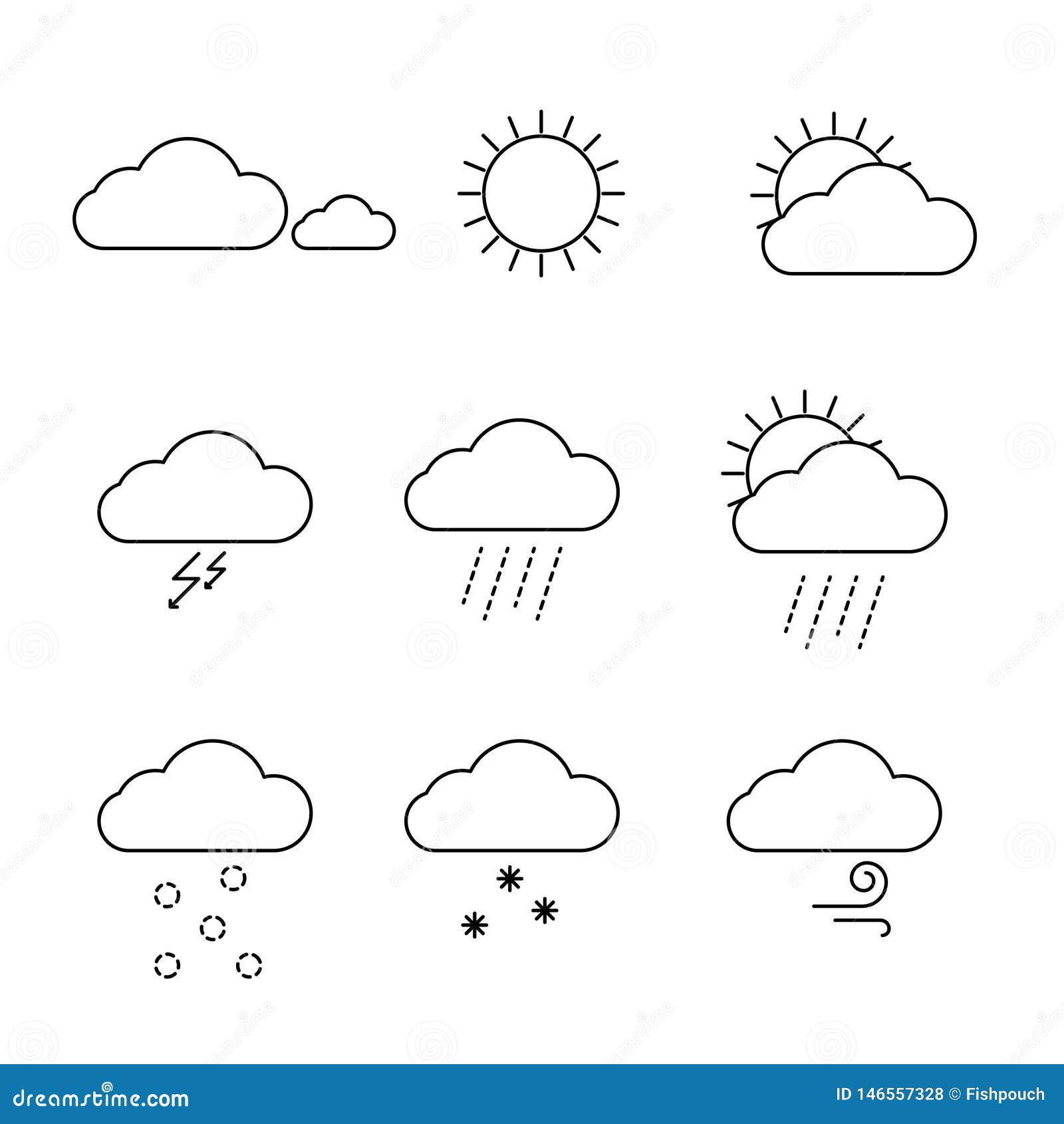 Weather Icons Set Vector. Outline Clouds, Sun and Rain Symbols. Stock ...