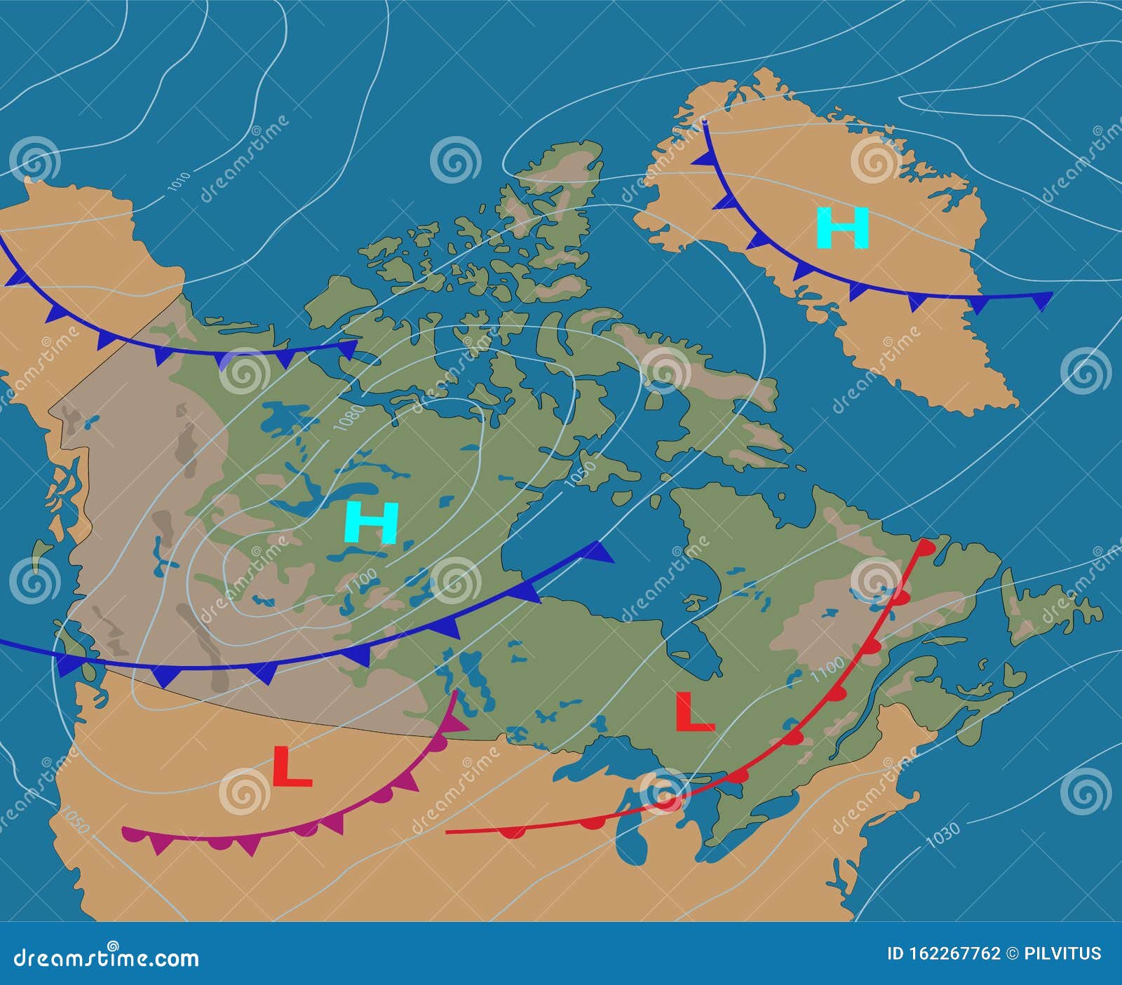 Weather Map of the Canada. Realistic Synoptic Map of the Country