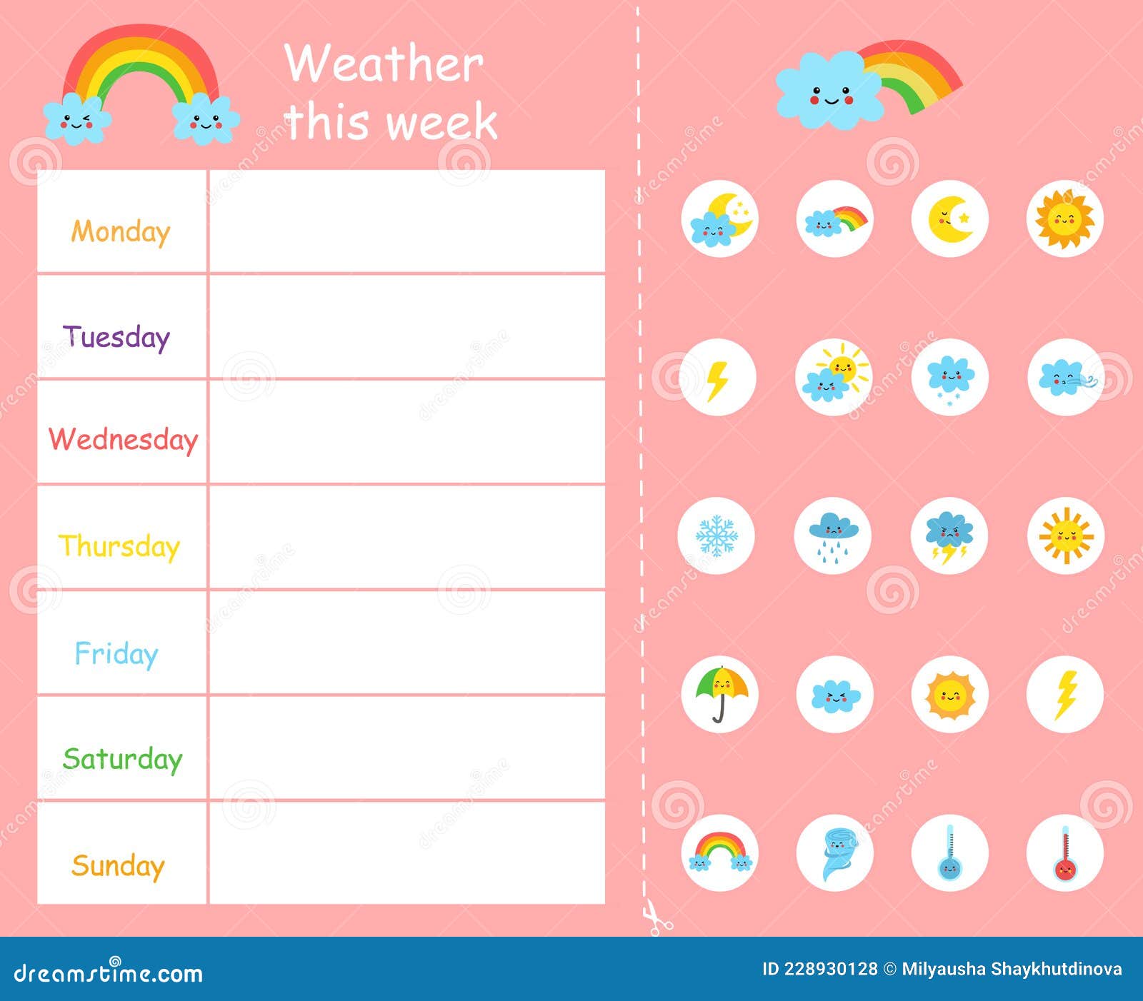 Weather this Week Template for Kids. Weather Chart. Stock Vector