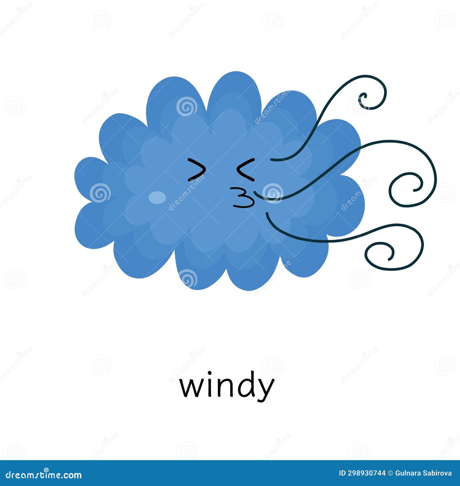 Windy Weather Flashcard for Kids with Cute Cloud. Cloudy Clipart