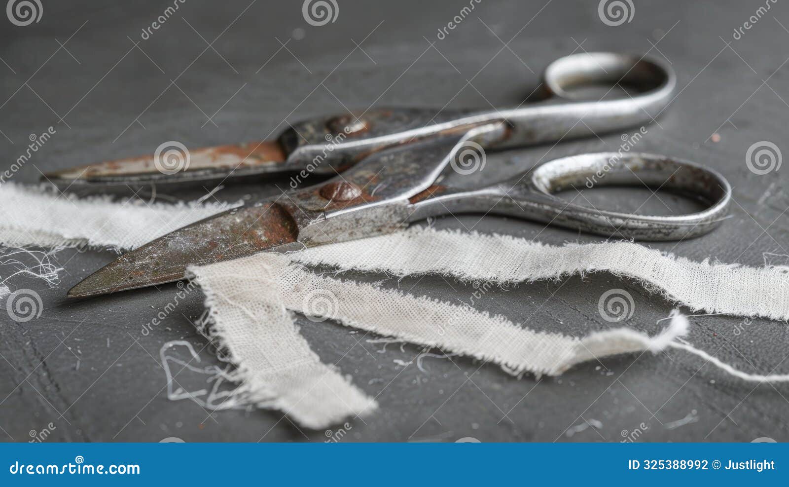 a weathered pair of scissors their handles worn smooth from repeated use and held together by a strip of fraying white