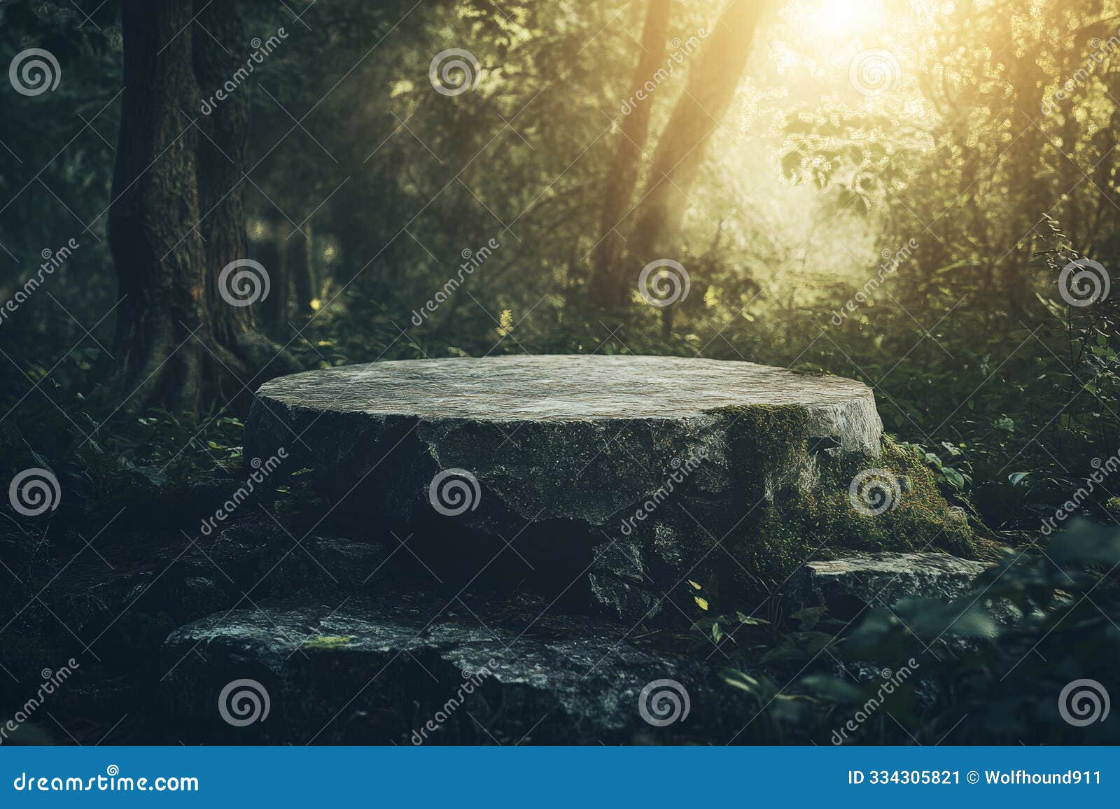 a weathered stone podium with rough textures, placed in a dense forest with soft, natural light
