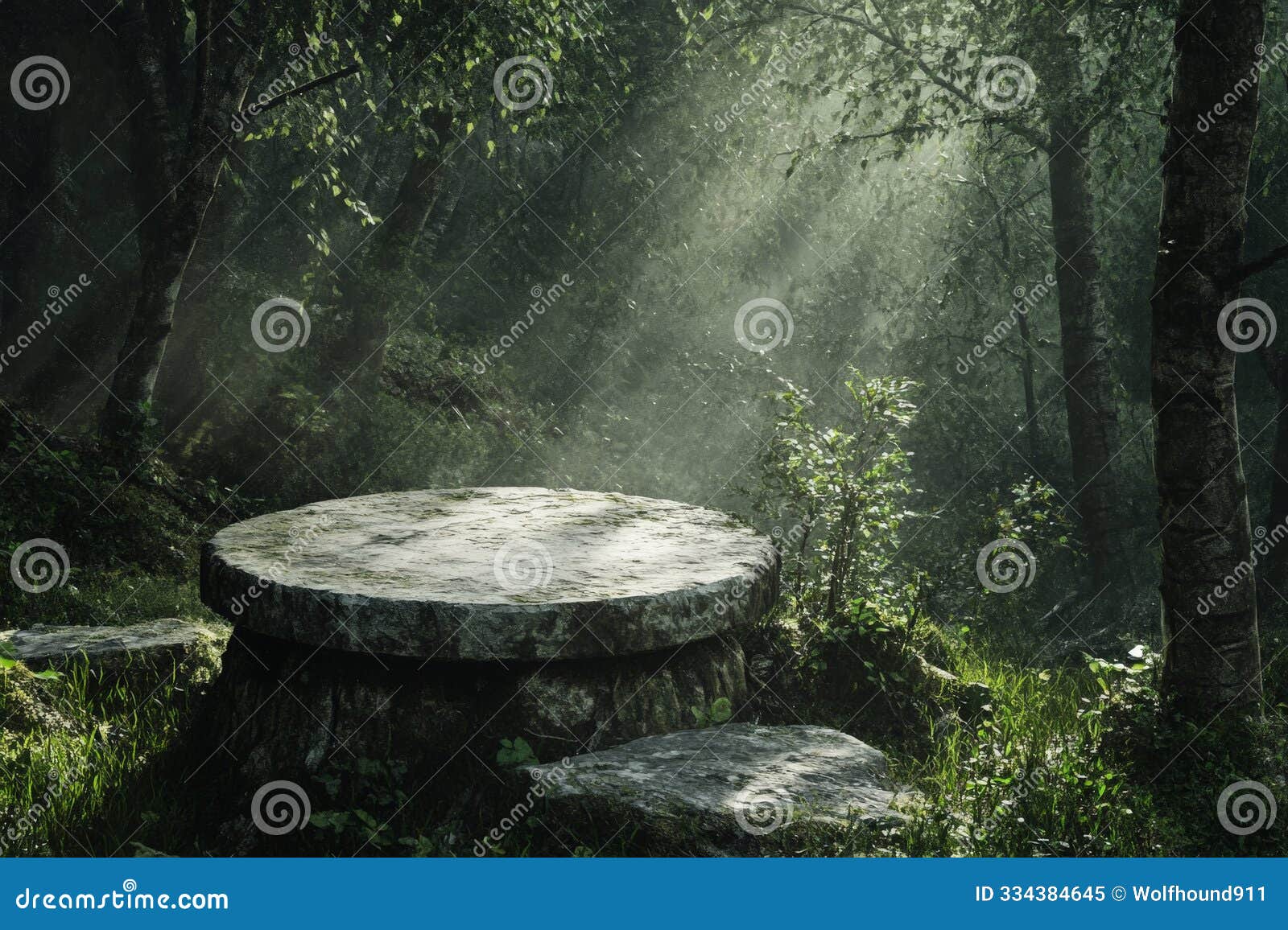 a weathered stone podium with rough textures, placed in a dense forest with soft, natural light