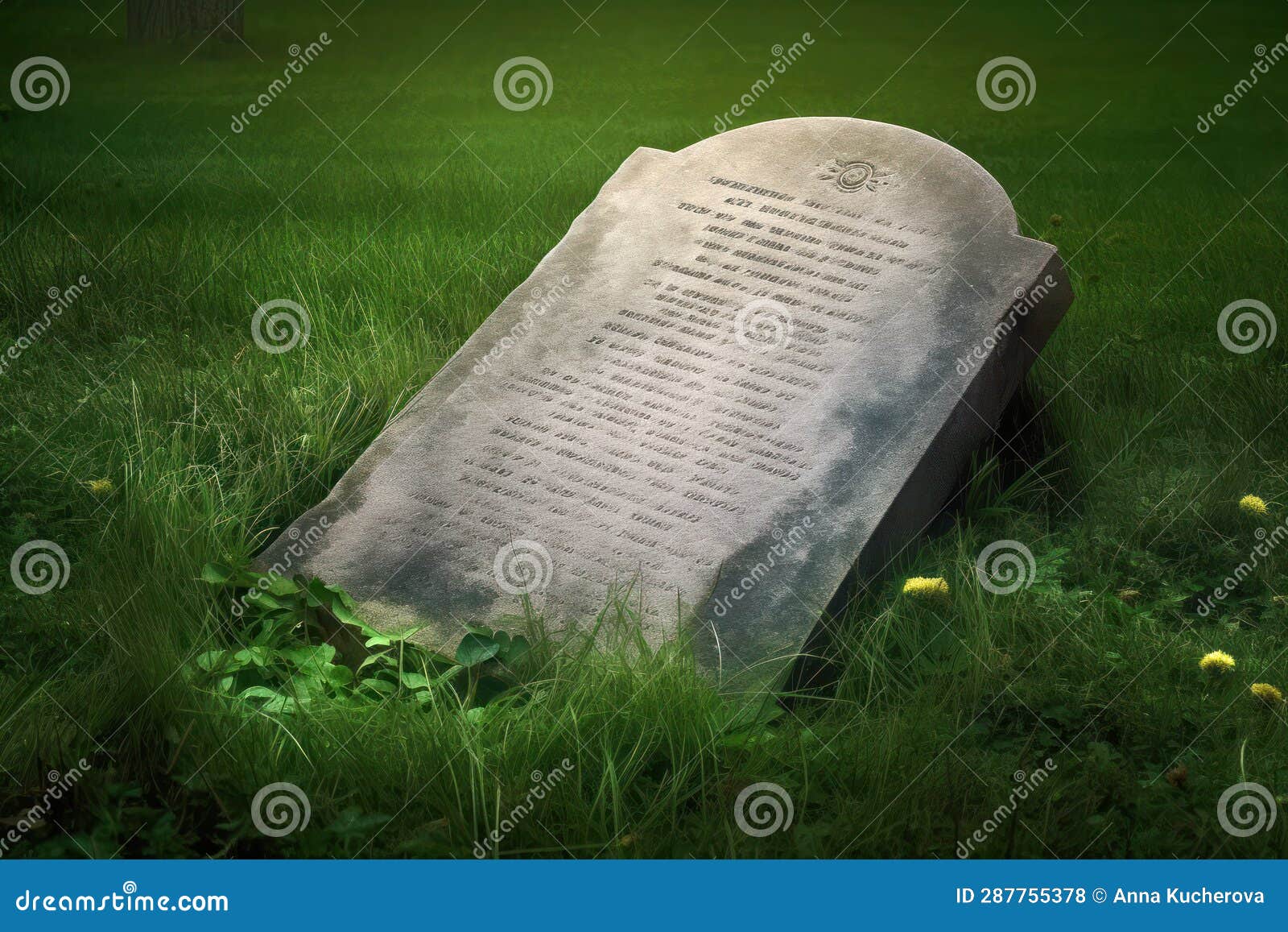 a weathered tombstone with unreadable writings, fallen into the grass, ising time's passage and forgotten histories.