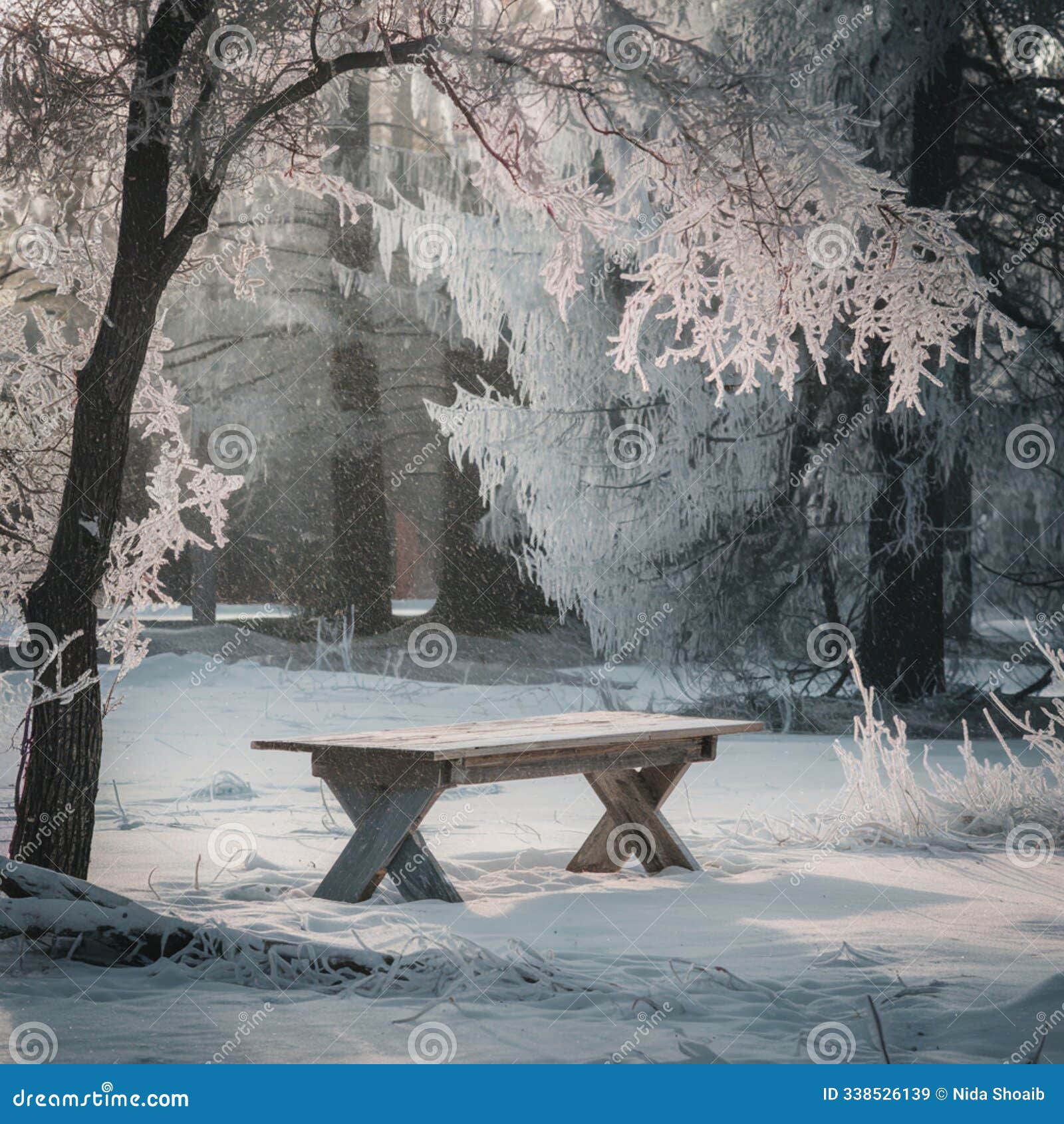 weathered wooden table in snowy forest, frost laden trees, gentle snowflakes, peaceful winter scene