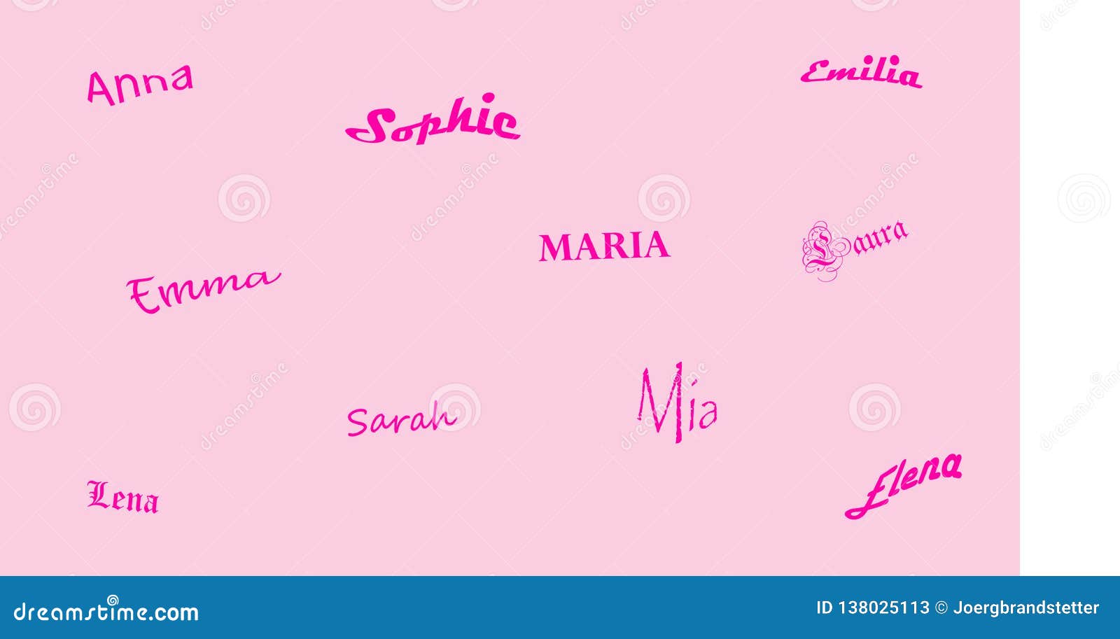 Popular First Names for Girls on a Pale Pink Background Stock Vector