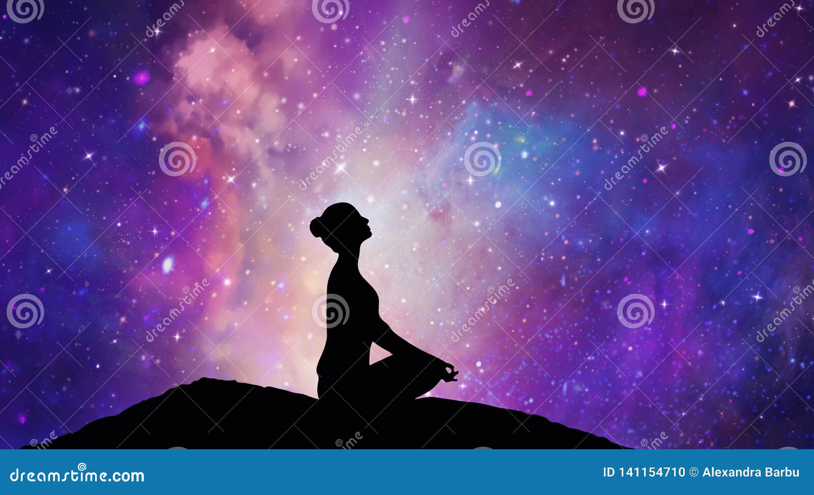 mountain girl silhouette, meditation under stars