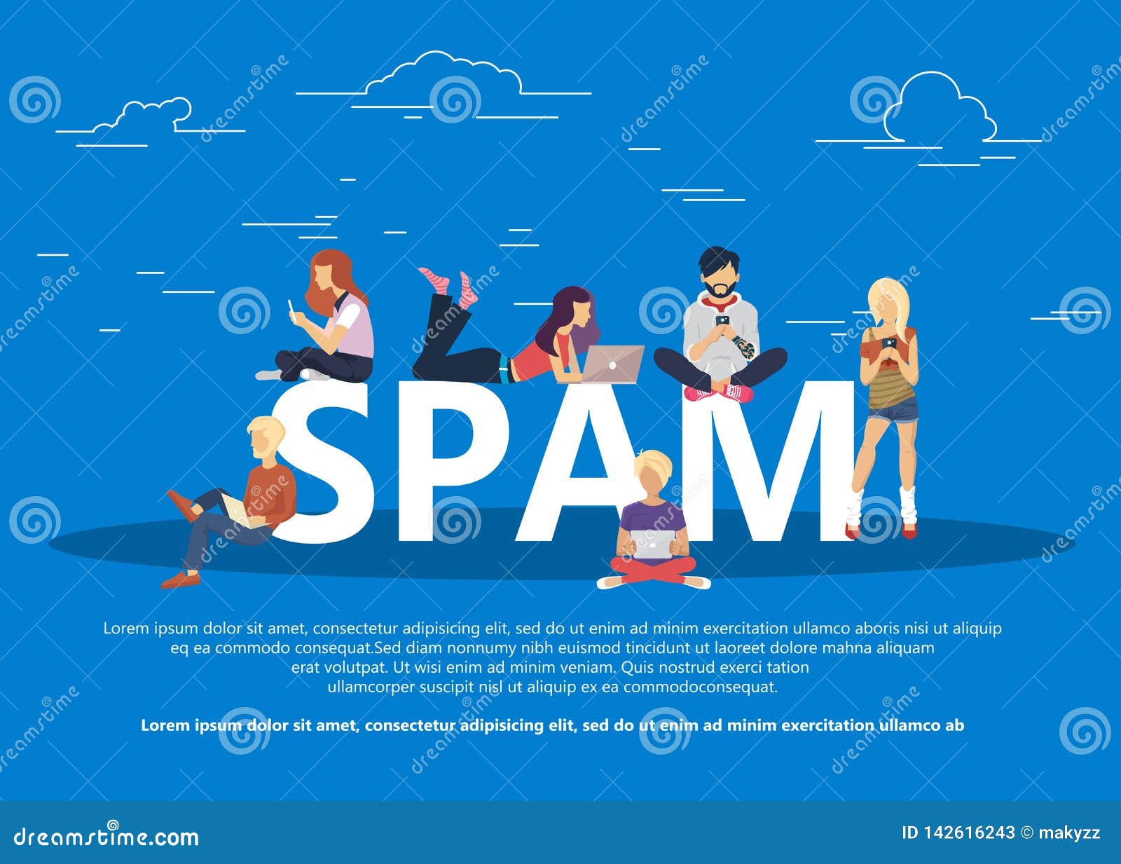 spam concept flat   of young men and women receiving unsolicited emails. flat 