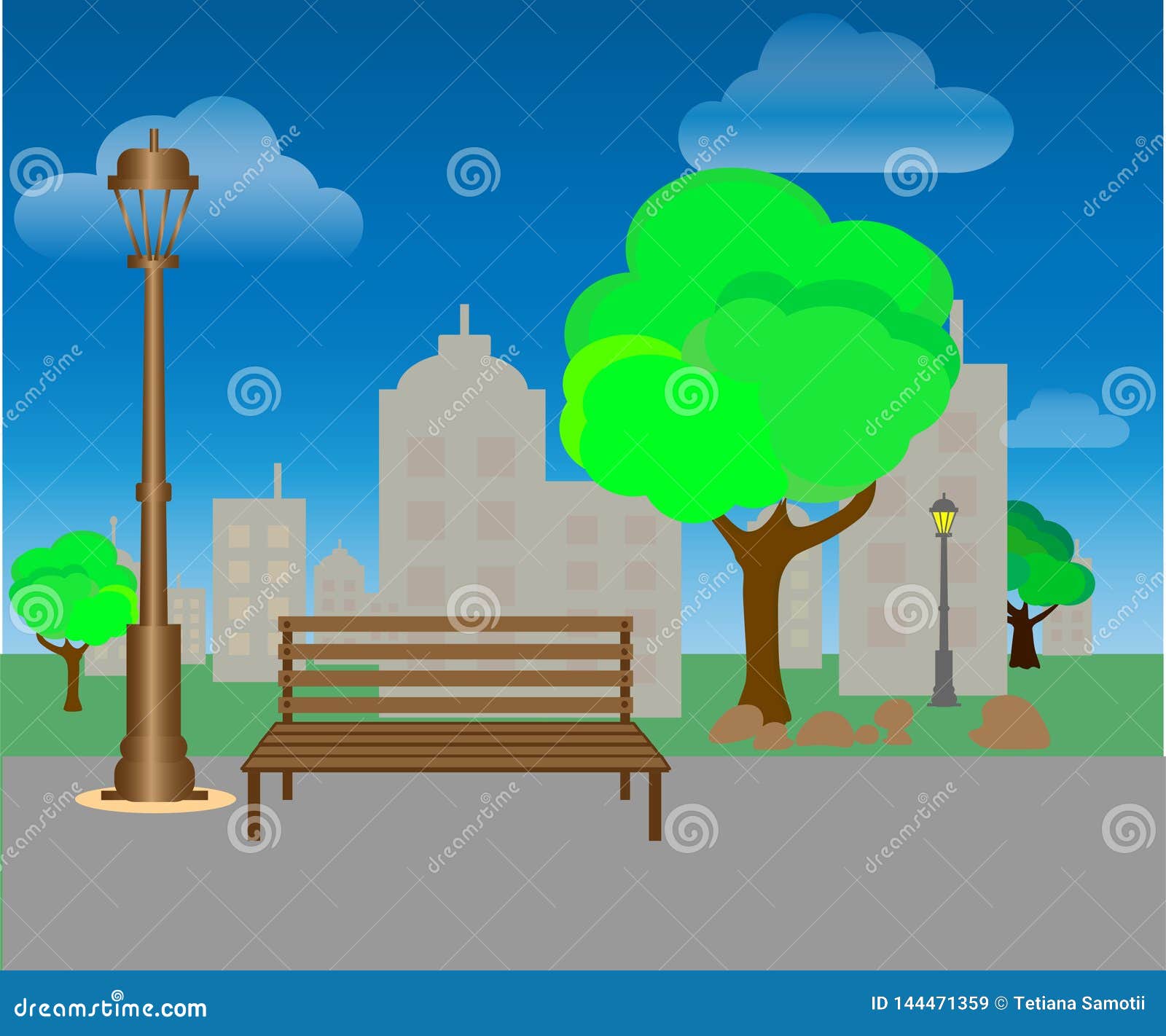 City Park with Trees and Benches. Green Background. Vector Stock ...